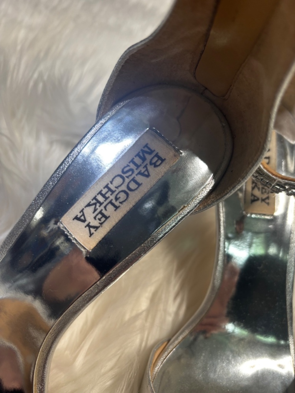 EUC [Badgley Mischka] Silver + Rhinestones Bridal Stiletto 3.5" High Heels | 7 - Picture 7 of 12